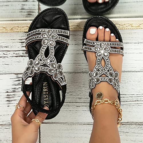Yanzhenglip Women'S Bohemian Rhinestone Sandals Casual Flower Sandals Wedges Comfortable Peep-Toe Sandals Summer Dressy2