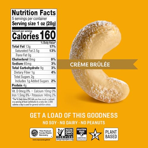 Image of Octonuts Creme Brulee Cashews - Roasted in Almond Oil (5oz) Sweet & Crunchy Plant Based Protein - Healthy Snack for Adults & Kids - Vegan, Non-GMO & Dairy Free