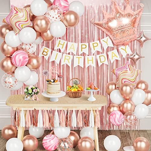 Rose Gold Birthday Party Decorations Set with Birthday Banner, Confetti Balloons, Foil Birthday Background, Tassel Garland, Cake Toppers for Girls Women Men Kids Baby Birthday Party Supplies Decor