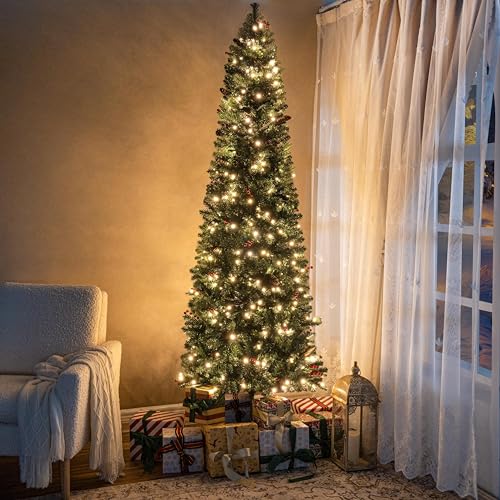 Naomi Home Belen 6.5ft Pencil Christmas Tree Prelit pre-Decorated with Pine Cones, Red Berries...