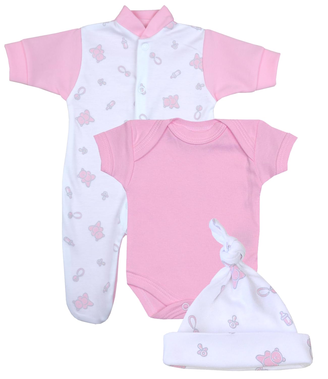 Premature Early Baby Girls Clothes 3 Piece Set - Sleepsuit, Bodysuit & Hat 3.5lb - 5.5lb PINK TEDDY 38-44cm…