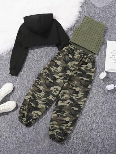 Image of Floerns Girl's 3 Piece Outfit Asymmetrical Hoodie with Tank Top Camo Print Pants Set