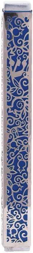 Yair Emanuel Lasercut Pomegranate Mezuzah - Blue with Silver Overlay