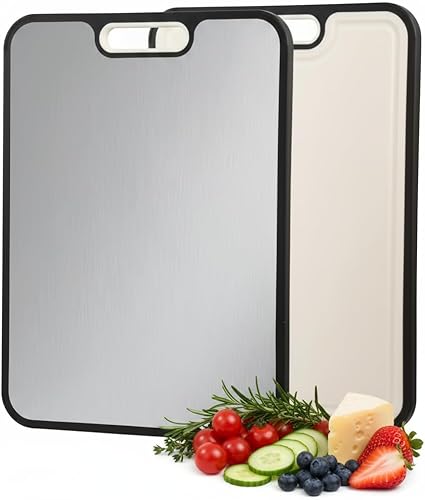 Tabla de cortar de acero inoxidable para cocina, tabla de cortar de doble cara, acero inoxidable puro de grado alimenticio y paja de trigo PP, fácil