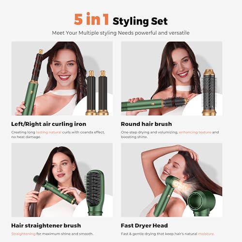 Image of Blow Dryer Brush Set 5 in 1, Hot Air Styler Negative Ionic Low-Temp Hair Care Air Curling Wrap, Round Brush Dryer & Curling Iron for Dry Volumize Straight Curl, 100-120V