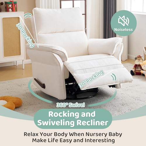 Image of Oversized Swivel Rocker Recliner with Adjustable Headrest, Rocking Chair Nursery with Overstuffed Armrest, Manual Rocker Recliner Nursery Chair for Living Room, White