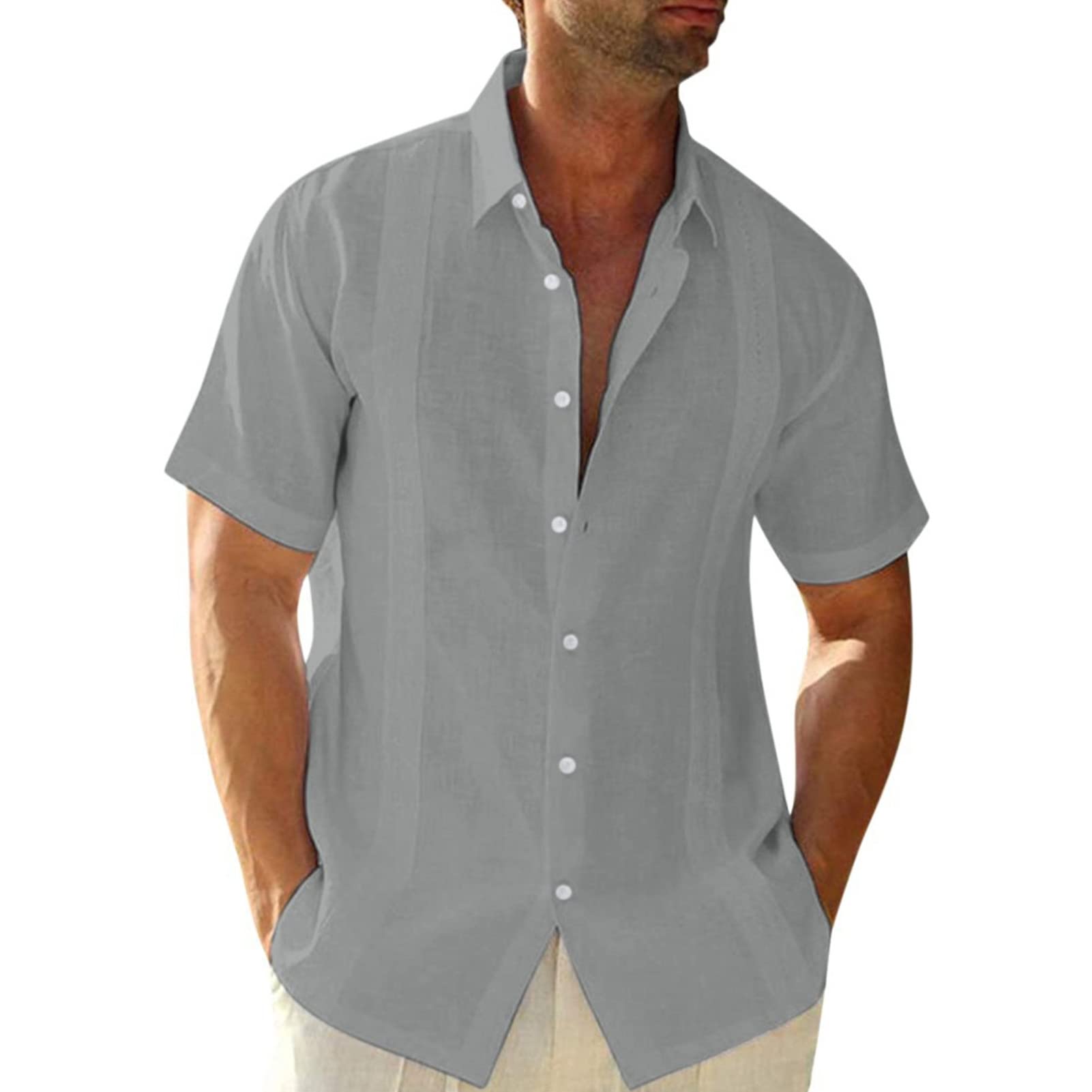 Maiyifu-GJ Men's Short Sleeve Cotton Linen Shirts Lightweight Summer Button Down Shirt Plain Tropical Holiday Beach T Shirt (Grey,XX-Large)