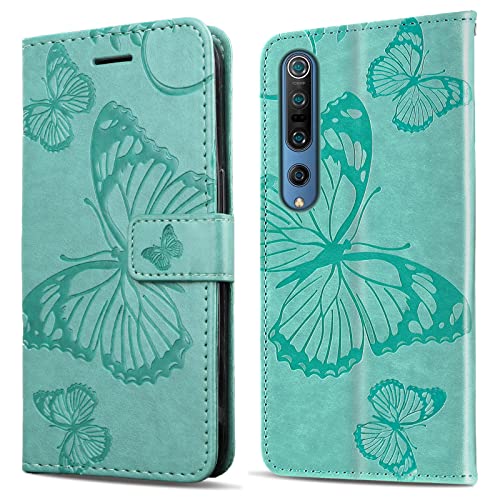 DENDICO Funda para Xiaomi MI 10 / MI 10 Pro, Magnético Libro Funda de Cuero PU para Xiaomi MI 10 / MI 10 Pro, Diseño en Relieve Carcasa con Ranura para Tarjeta, Verde