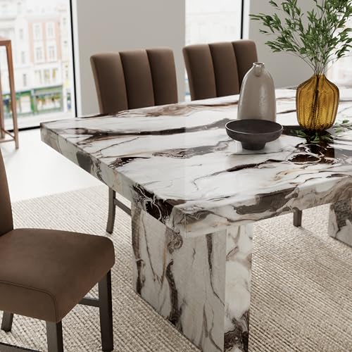Image of Roundhill Furniture Cavira 7-Piece Modern Faux Marble Dining Set, Double Pedestal Table with 6 Upholstered Chairs