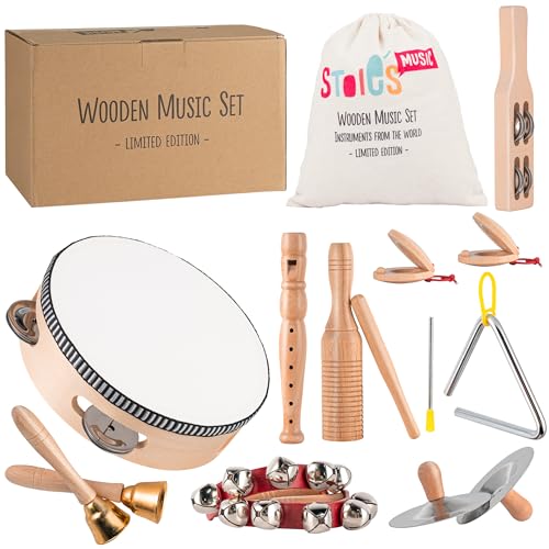 Instruments de Musique en Bois Stoie’s pour Enfants 3 à 9 Ans : Tambour, flûte, grelots, cymbales, castagnettes, Triangle. Montessori, Sons clairs, Prise sûre, Sac...