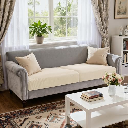 Image of CHUN YI 2 Piece Couch Cushion Covers for Sofa Seat Slipcovers Suitable with Spandex Jacquard Washable Fabric (2 Piece Sofa Cushion Covers, Ivory)