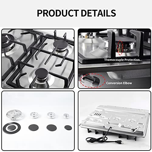 Weceleh 24 Inch Drop Built-In Gas Propane Cooktops Stove Tops 4 Burner, Dual Fuel Ng/Lpg Convertible, Thermocouple Protection, Stainless Steel, 27400 Btu Total Output #TOP5