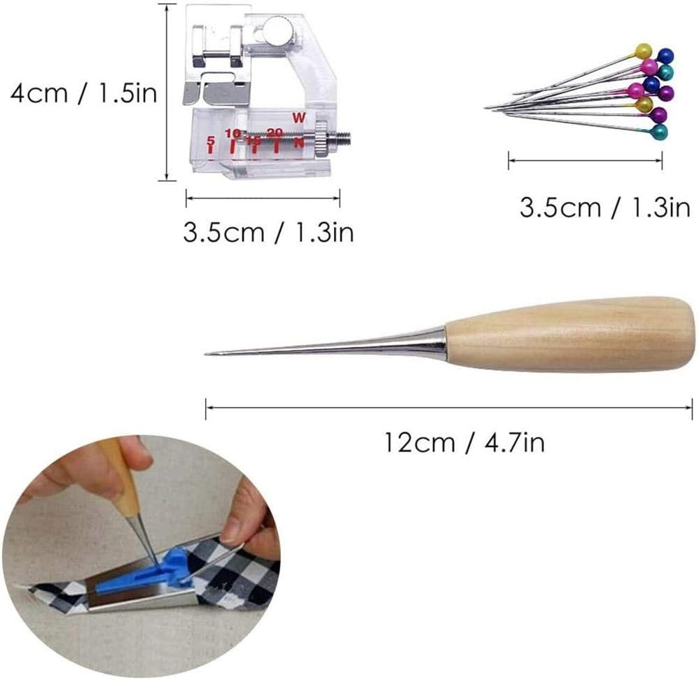 Bias Tape Tool Kit, 4 Sizes Bias Tape Maker (6mm 12mm 18mm 25mm) with Wooden Awl, Adjustable Bias Binder Foot, 4 Pcs Sewing Clips, 50Pcs Ball Point Pins, for Fabric Sewing and Quilting