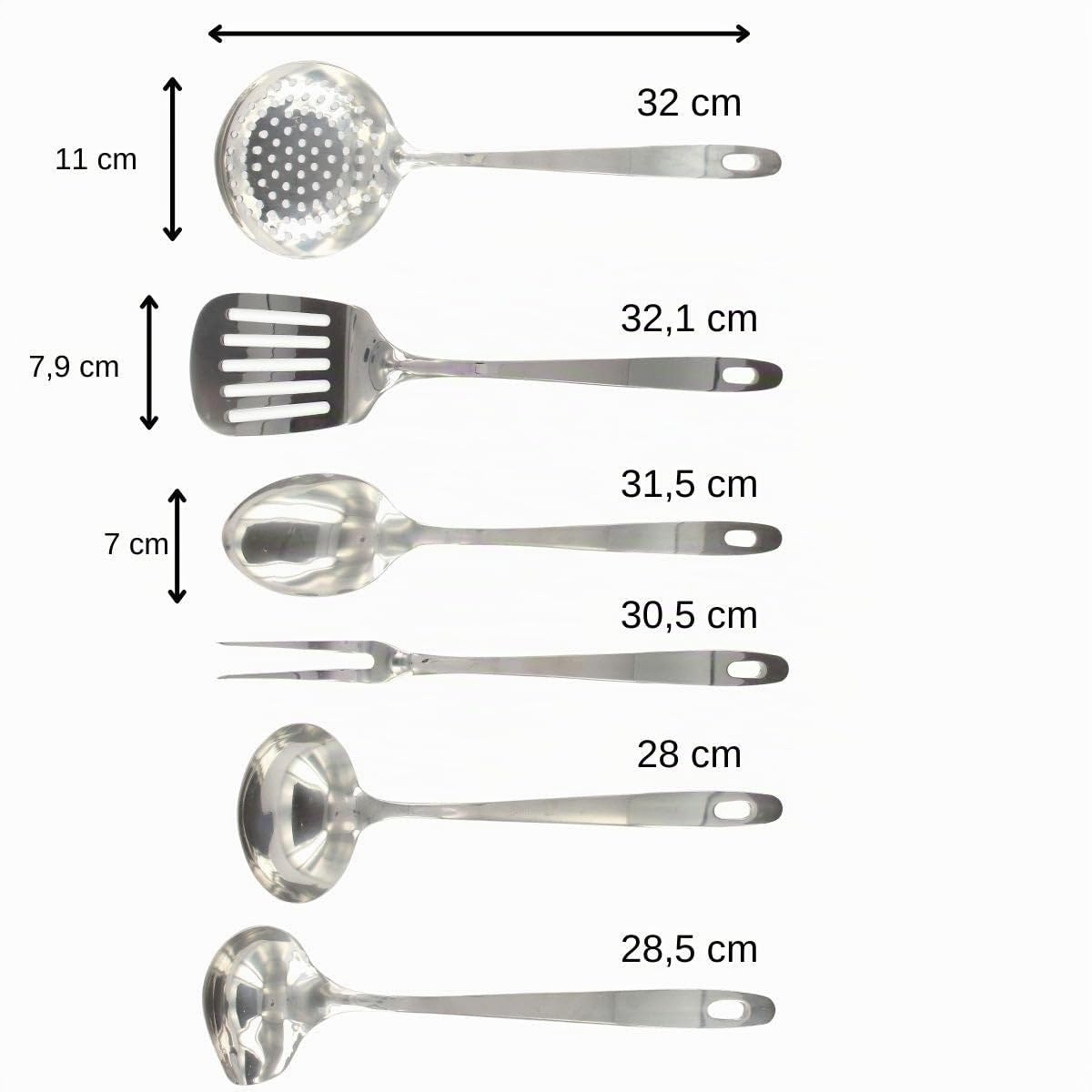 Fackelmann 9990650 Küchenhelfer-Set, 6-teilig, Skimmer, Gabel, Servierschaufel, Löffel, Schöpfkelle, Edelstahl, 28-32 cm
