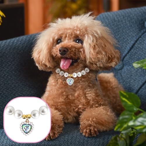 Qianyu 2 Stück Perlenhalsband für Katzen und Hunde Herzförmig Schmuck Haustier Halskette Verstellbarer Umhängegurt Ausgefallene Hochzeit Geburtstagsparty Haustier-Kleid Zubehör Halsband