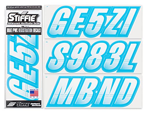 Image of Stiffie Techtron White /Sky Blue 3 inch Alpha-Numeric Registration Identification Numbers Stickers Decals for Boats & Personal Watercraft