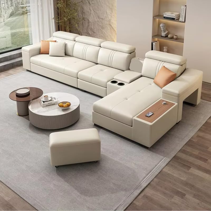 Image of Homax. Nimra Smart L-Shape 7-Seater Sectional Sofa Set with Console, Cup Holders, Charging Station & 2 Ottomans - Premium Leatherette Finish - Beige Color, Orientation LHS.