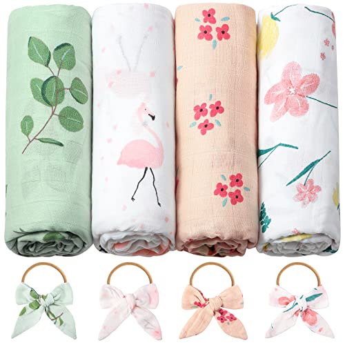 Image of Tatuo 8 Pcs Baby Receiving Blanket Cotton 47 x 47 Inches Muslin Swaddle Blankets 4 Headband 4 Baby Swaddle for Newborns Accessories Set Breathable Soft Flamingo Blankets(Flower)