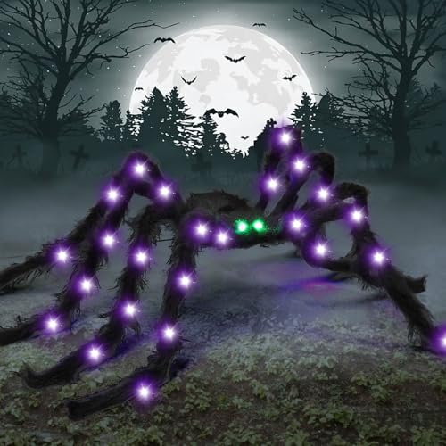 6.6Ft Halloween Light Up Giant Spider,Scary Large Hairy Spider with Green Lighted Eyes for Yard Lawn Halloween Outdoor Decorations,Indoor Party Decor,Black