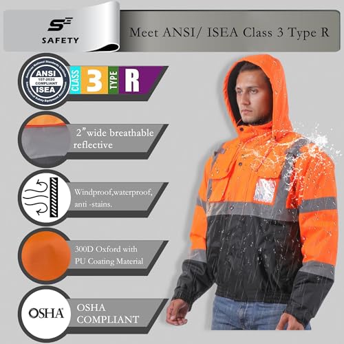 Image of sesafety Reflective Jacket for Men, High Visibility Jackets, Safety Jackets for Men, Hi Vis Construction Bomber Jackets Waterproof with Pockets and Zipper, Black Bottom, Class 3