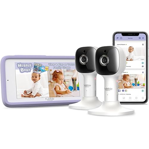 HUBBLE CONNECTED Nursery Pal Cloud Touch Twin Smart WiFi Enabled Baby Monitor with 2 Cameras, 5 Inch HD Color Touchscreen Parent Unit, Plus Preloaded Soothing Sounds, Lullabies, and Stories, White