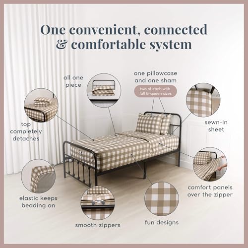 Image of Beddy's Warm Tan Checkered All-in-One Zipper Bedding Set for Kids - Toddler | Smooth-Glide Zippers, Easy To Make & Wash, Soft Durable Fabric, Checkered Interior, Includes Pillowcase & Sham