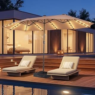 Aoxun 15ft Patio Umbrella with Base & Solar LED Lights, Outdoor Double-Sided Rectangular Umbrella with Crank Handle & Ventilation, Large Standing Umbrella for Pool, Deck, Lawn, Backyard & Beach, Beige