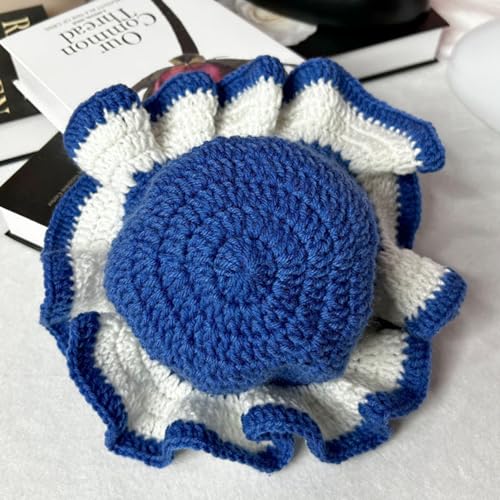Image of Women Crochet Bucket Hat Cute Winter Ruffled Brim Floppy Cap Handmade Knit Cloche Hats