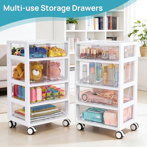 Image of Vtopmart Plastic Drawer Storage Orangizer, 4 Tier 6 Drawers with Wheels for Office Supplies, Art Crafts, Under Desk Storage for Office, Bathroom, Dresser, 1 Pack /Clear