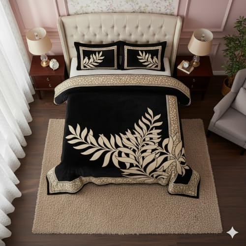 Image of Fresh from Loom Bed Sheet in Chenille 500 TC, Leaf Print Print Bedsheet Set with 2 Pillow Covers, Stylish Bed Cover for Home Decor, Easy Care Breathable Bedd 90x100 Inches | Leaf Black | Chenille