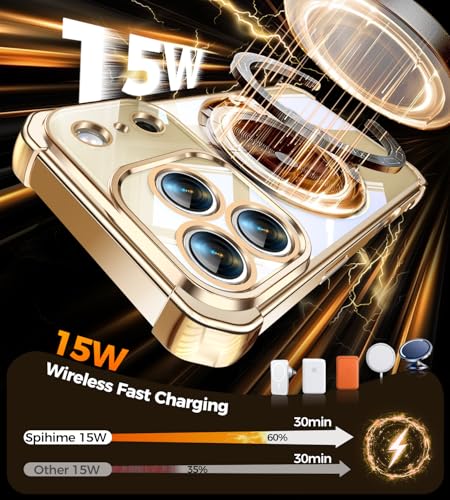 Image of Soft Case for iPhone 17 Pro with 360 Rotating Magnetic Stand, Compatible with Mag-Safe, 4X MIL-Drop Protection, Lightweight Glossy Anti-Yellowing Clear Back Phone Cover for iPhone 17 Pro 6.3 inch, Gold