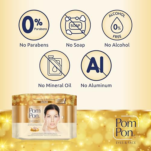 Pom Pon GOLD Gesichts und Augen Make-up Entfernungstücher, mit natürlichen, nährenden und revitalisierenden Inhaltsstoffen, 20 Stück
