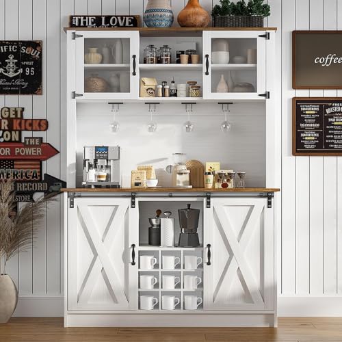 4ever2buy Farmhouse Coffee Bar Cabinet with 2 Glass Doors, 72''