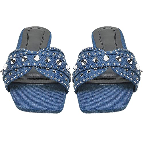 Kctrfsj Women's Denim Cloth Studded Flat Slide Slippers Fashion Square Toe Non-Slip Open Toe Slip-On Beach Mule Sandals,Summer Comfort Backless Casual Wedding Walking Slide (7.5) #TOP2