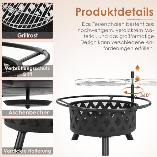 Feuerschale mit Drehbarem Grillrost, Feuerschale Groß, Feuerschalen für den Garten mit Funkenschutz, Ø 76 cm Feuerkorb mit Schürhaken, BBQ Feuerstelle Outdoor, Multifunktional Fire Pit – Bild 4