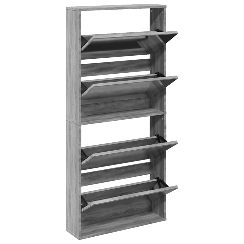 Zapatero con espejo 4 compartimentos basculantes gris Sonoma 63 x 17 x 134 cm, zapatero para pasillo y entrada, diseño moderno con mucho espacio de almacenamiento