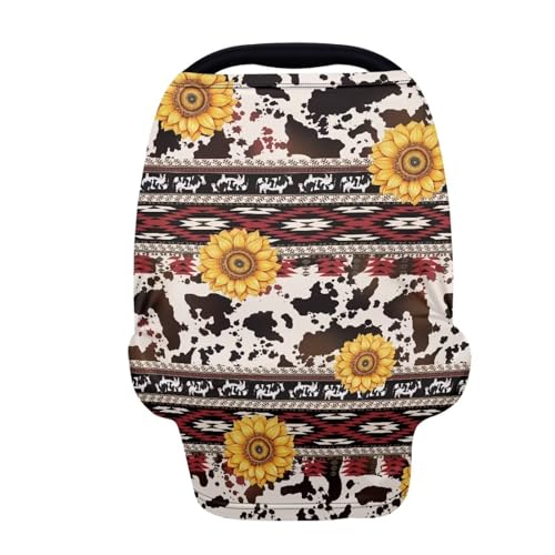 Image of Binienty Sunflower Geometric Stretchy Car Seat Cover Canopies for Babies, Brown Cow Print Multi Use Shopping Cart /High Chair /Breastfeeding Cover