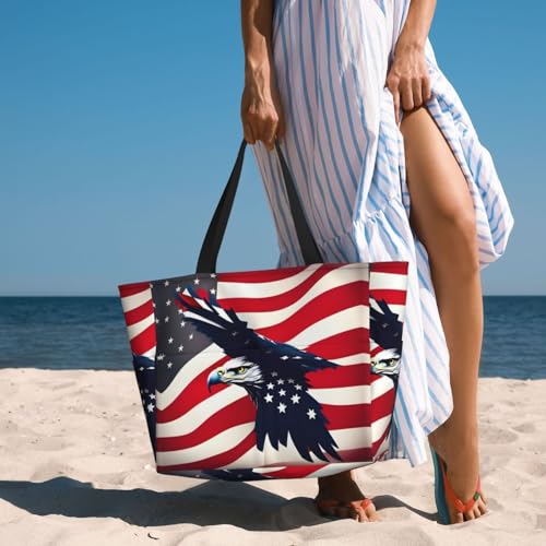 American Flag Fly Eagle Large Beach Tote Bag Women Beach Tote Bag For Pool Gym Grocery Travel With Multiple Pocket 6