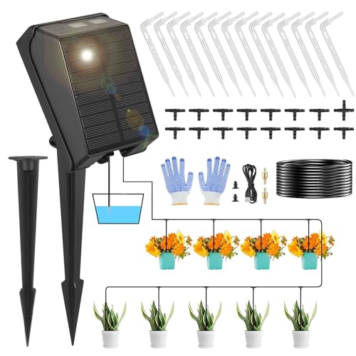 Domisyee Sistema de Riego Solar para Jardín - Kit de Riego por Goteo Automático para Jardín, Plantas en Macetas de Balcón, Terrazas y Vacaciones - con Temporizador, 15M de Tubo y IPX4 Impermeable