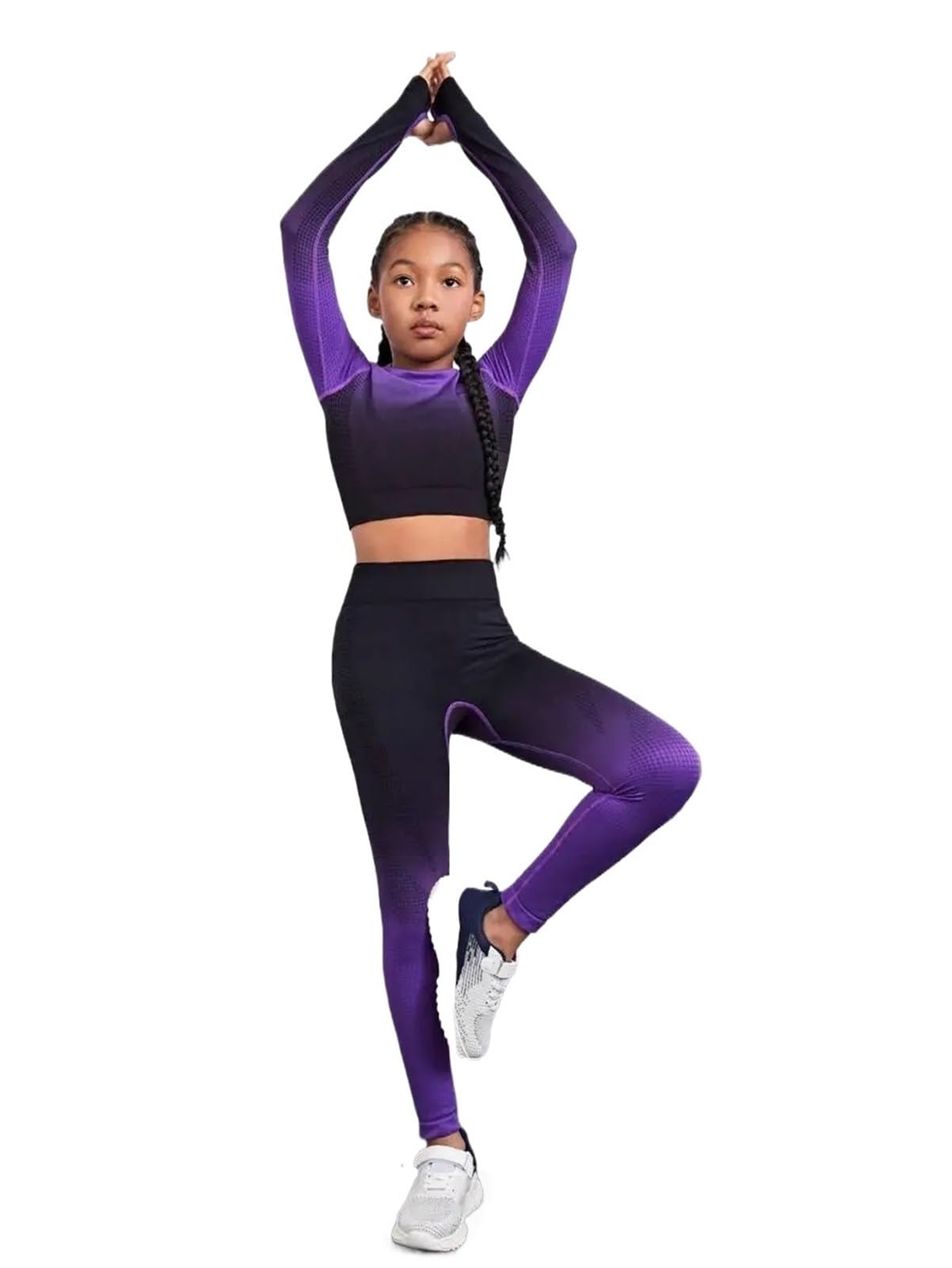 Conjunto Deportivo Niña Conjunto de pantalones deportivos de manga larga for niña, cómodos y a la moda, sin costuras, color morado fluorescente, se desvanece en negro, for las cuatro estaciones(11T)