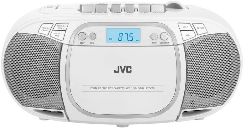 JVC Boombox RC-E451W Weiß – Tragbarer CD-Radioplayer mit Bluetooth, FM-Tuner, USB & AUX – Spielt MP3, CD-R/CD-RW, 3,2W Stereo, LCD-Display, Kompakt & Leicht