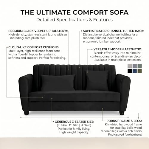 Image of Velvet 2 Seater Sofa, Chesterfield Tufted Sofa with Nailhead Trim, Rolled Arm Sofa with Wood Legs for Living Room & Office (Black)