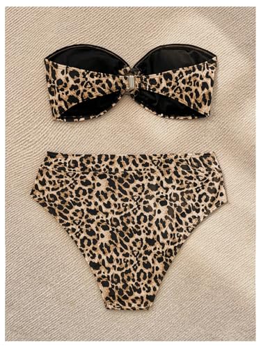 GORGLITTER Women's Cheetah Leopard Print Bikini Set Strapless Bandeau High Waisted Swimsuit2