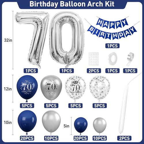 70th Birthday Decorations Navy Blue Silver,70th Birthday Balloon Garland Party Decorations with Number 70 Foil balloons,Happy Birthday Banner for Men Women 70th Birthday Party Decorations