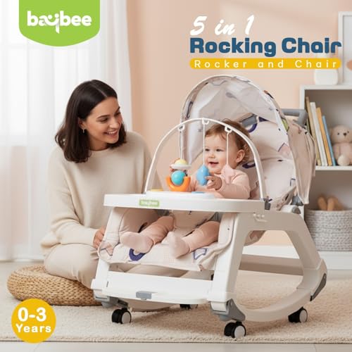 Image of Baybee 5 in 1 Baby Rocker and Feeding Chair for Babies | Portable Rocking Chair for Kids with Parent Handle, Multi Position Recline, Food Tray & Music | Baby Bouncers 0 to 3 Years Boys Girls (Grey)