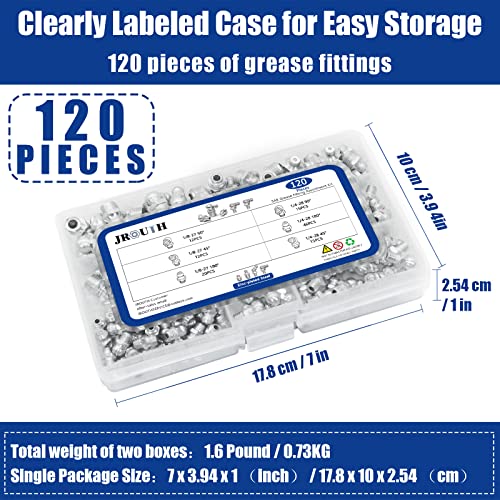 Image of Grease Fittings Kit, 120Pcs SAE Zerk Assortment, Hydraulic Standard With 1 /4 inch, 1 /8 inch Straight, 90 Degree, 45 Degree Angled