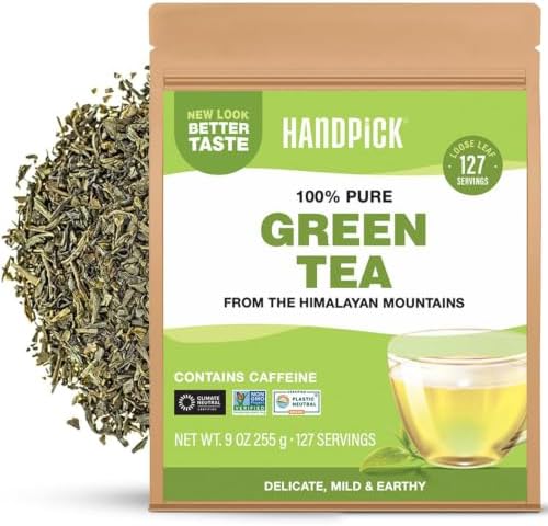 HANDPICK, Green Tea Loose Leaf (255g/9oz) +100 Cups | Non-GMO, 100% Pure Green Tea Leaves Sourced from Himalayas, India | Resealable Ziplock Pouch