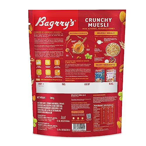 Image of Bagrry's Crunchy Muesli | 40% Fibre Rich Oats with Bran | 82% Multi Grains, Almonds, Raisins & Honey | Breakfast Cereal | Natural Muesli, 500 GM (Pack of 2)