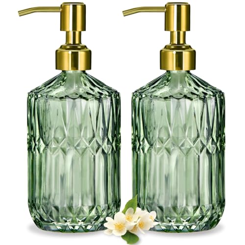COHOSEGE 17 Oz Green Glass Kitchen Soap Dispenser for Dish Soap 2 Pack Bathroom Soap Dispenser Set with Gold Rust Proof Pump for Lotion Hand soap or Body Wash