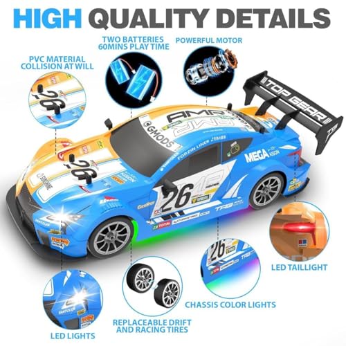 Image of Rc Drift Remote Control Car 1:24 Scale, High-Speed, 4Wd, Lights, Rechargeable Racing Car, Drifting Tires, 2.4Ghz, for Kids (RC Drift Car - Sky Blue)